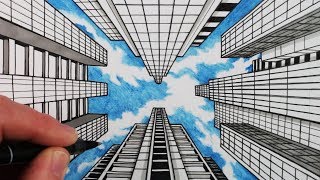 How to Draw 1Point Perspective Draw Buildings and Sky [upl. by Aznofla]