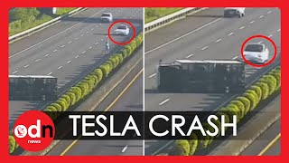 Tesla on Autopilot Crashes into Overturned Truck on Busy Highway in Taiwan [upl. by Skye]