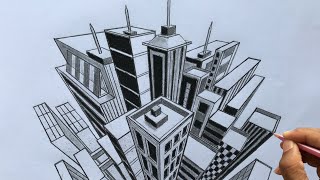 How to Draw using 3Point Perspective A Town Drawing Stepbystep [upl. by Ardnuassac]