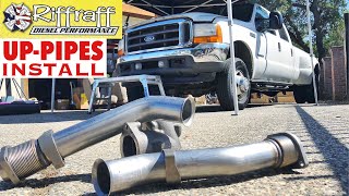 2001 F350 73  RiffRaff UpPipes Install  Stock up pipes leaking and falling apart JUNK SP [upl. by Mendoza]