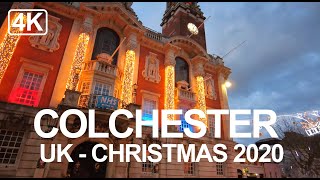 Exploring Colchester town UK amp Christmas Lights  Evening Walking Tour [upl. by Urquhart]