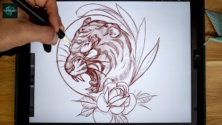 How to draw a Tattoo Design from Beginning to End  Neo Traditional Tiger Sketch [upl. by Elrahc]